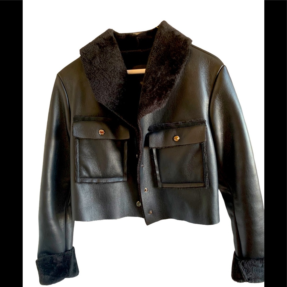 Guess Black Faux Leather Bomber Jacket with Fur Trim